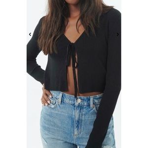 Black Ribbed Front-Tie Cardigan | Size: Medium
